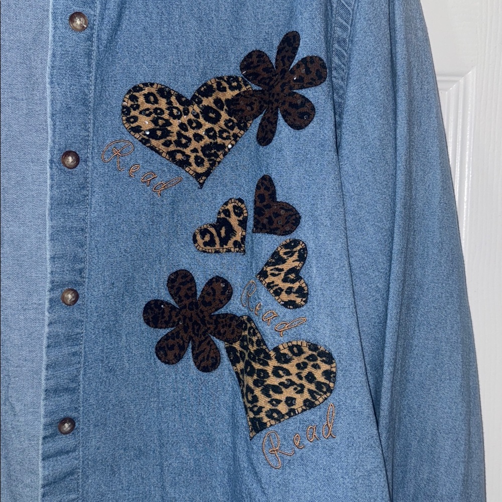 Leopard Trim Denim Jacket/Button Up - Picture 3 of 5